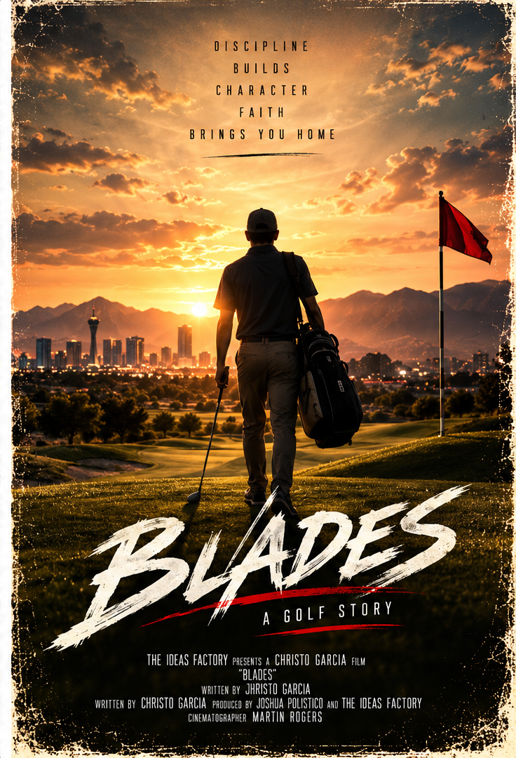 Blades golf film poster with golfer seen from behind at sunset